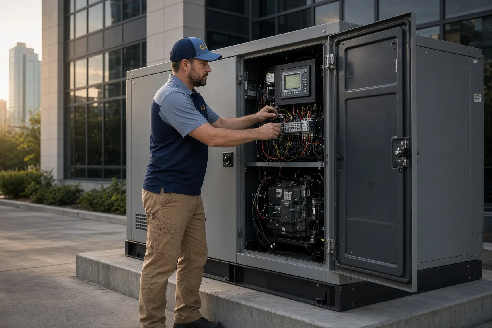 Morant technicians working on a commercial standby generator at a Houston office building