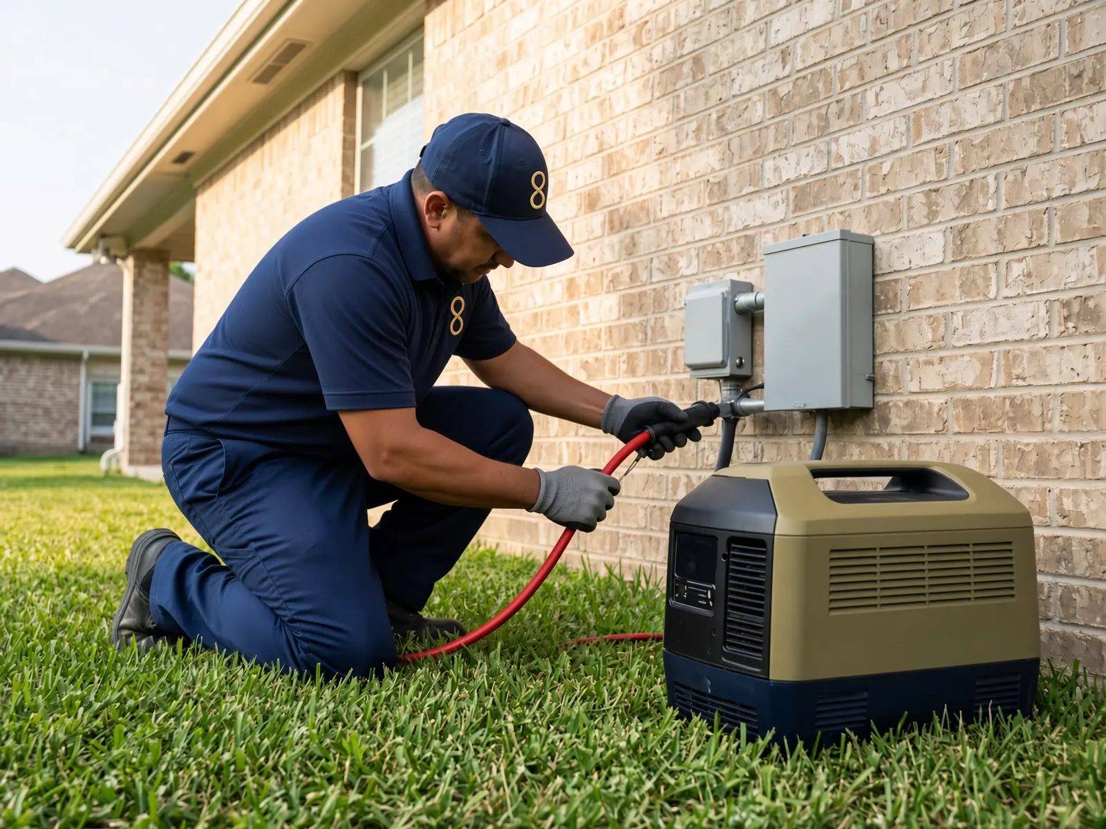 A Morant technician connecting a portable inverter generator to a Houston home transfer switch