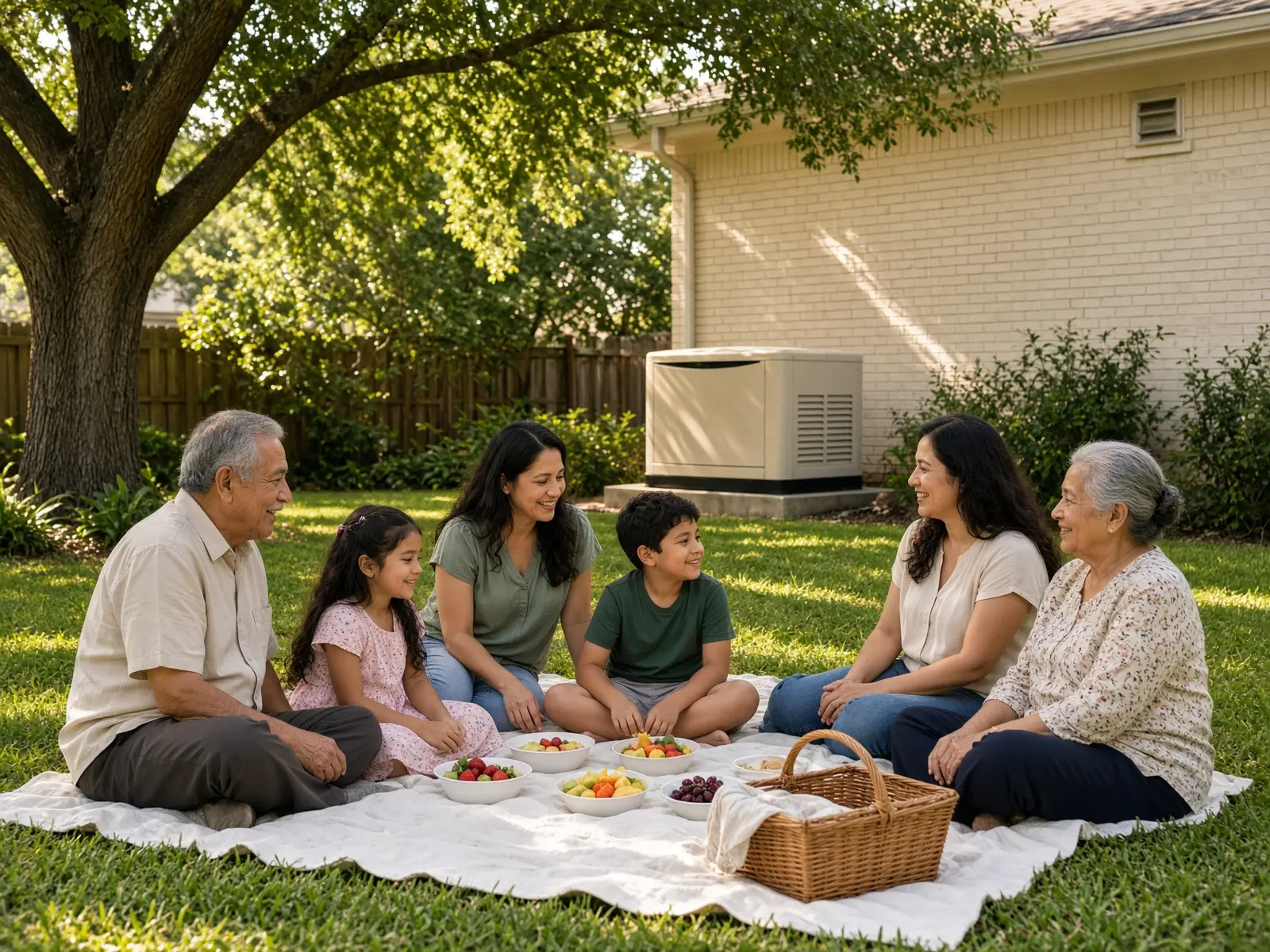 A Houston family picnicking in the backyard with a whole-home standby generator along the house